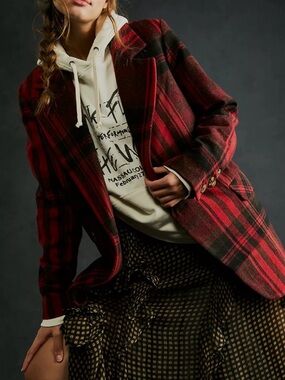 Free People Red and Black Plaid Blazer